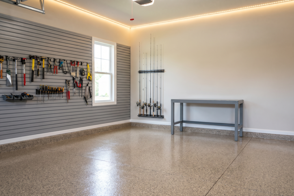 Organized garage with a tan and gray flake floor, slatwall tool storage, a fishing rod rack and a plain gray workbench