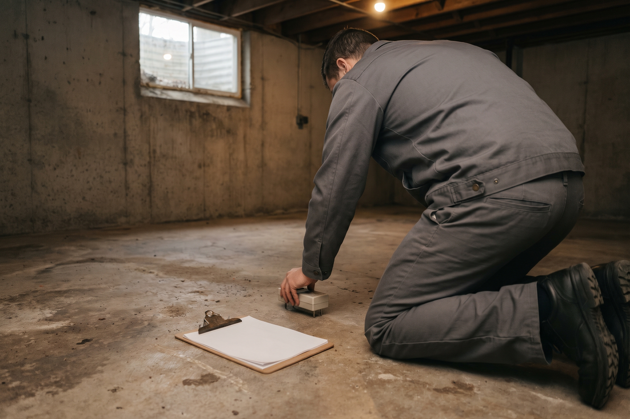 Person kneeling with back to the camera, pressing a moisture meter against a bare basement slab beside a clipboard