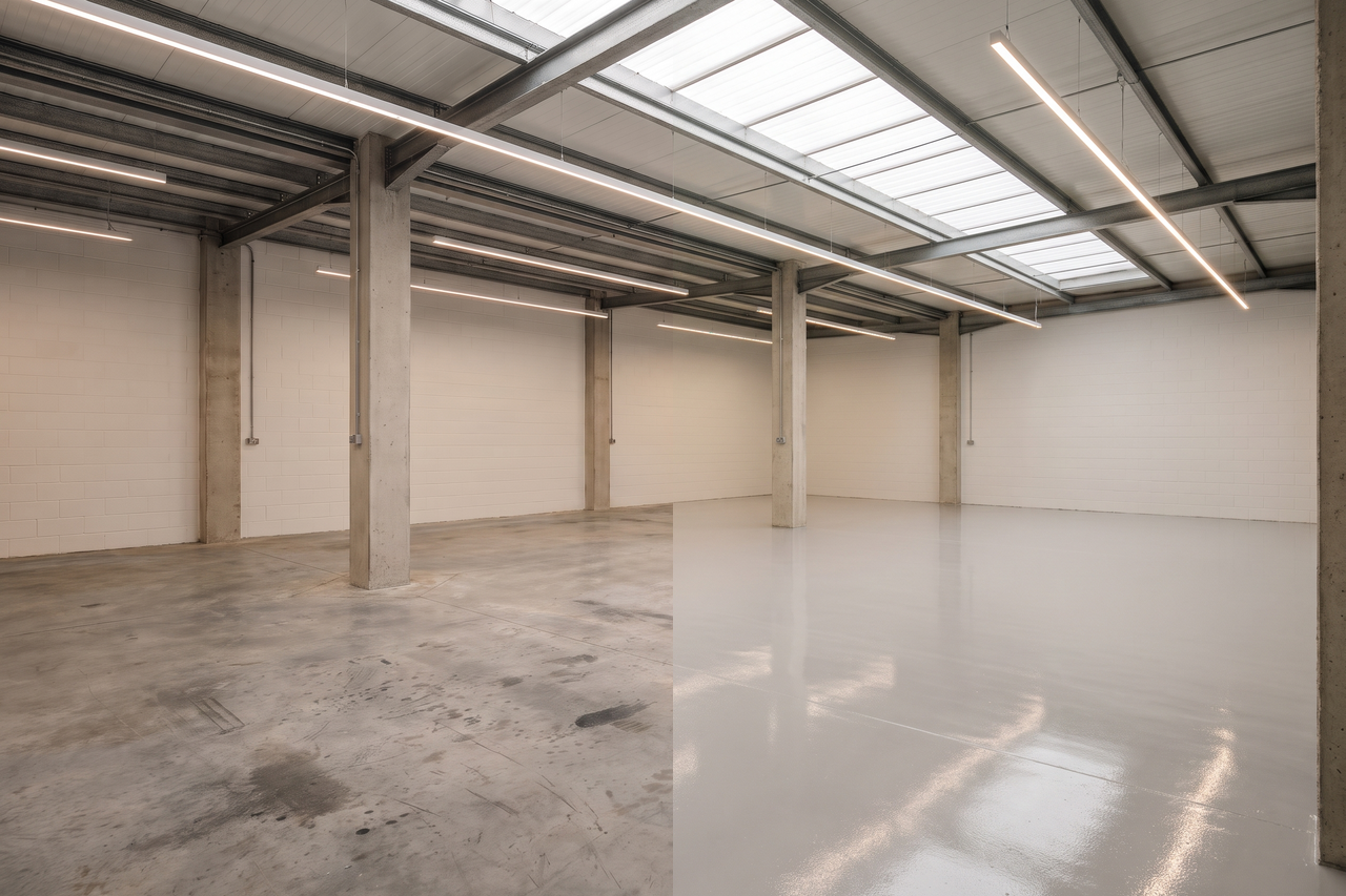 Illustrative before-and-after example of an open commercial space with dull, scuffed concrete on one side and a glossy light gray coated floor on the other
