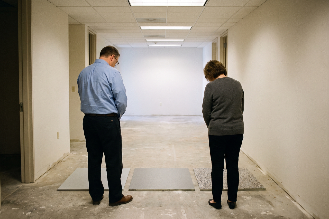 Two people seen from behind reviewing large floor color sample boards in an empty office hallway
