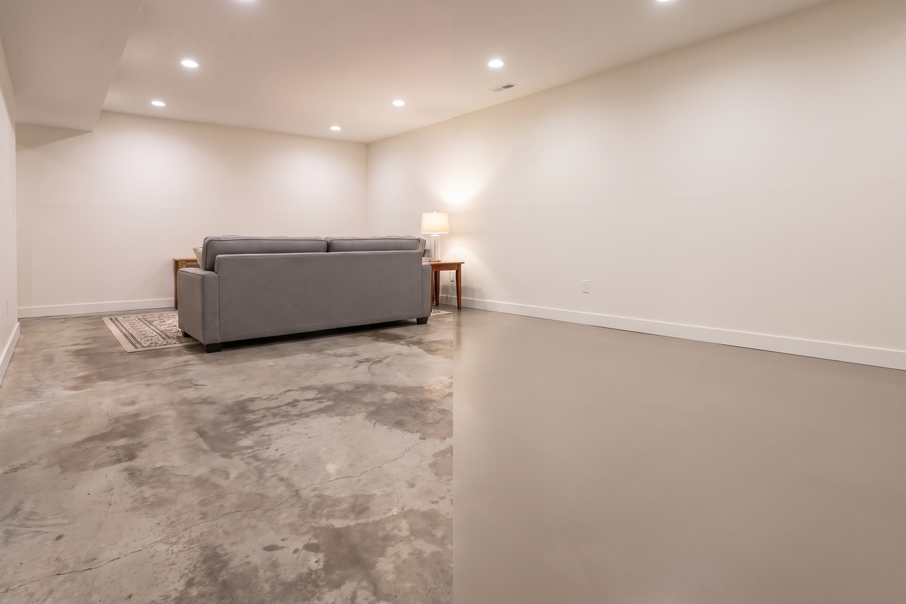Illustrative before-and-after example of a basement rec room with stained bare concrete on one side and a smooth warm greige coated floor on the other