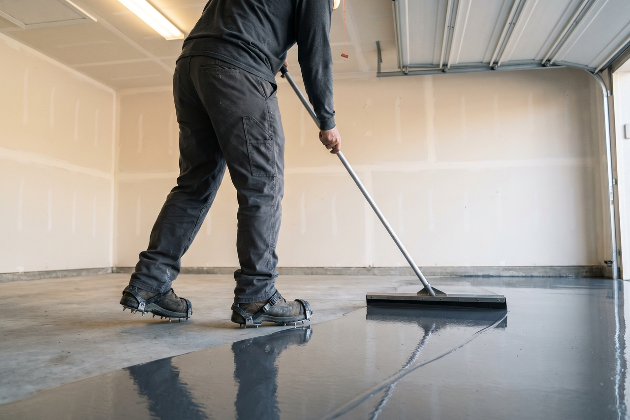 Installer seen from the side spreading an epoxy base coat with a squeegee across a garage floor