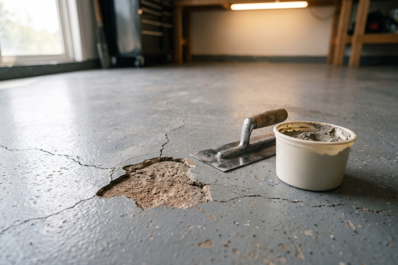 Worn floor coating with a chipped gouge and a crack through to the concrete, next to a trowel and a container of repair mortar
