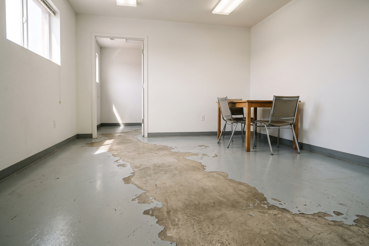 Commercial floor where a thin coating has worn through along a walking path, leaving ragged edges and dull bare concrete