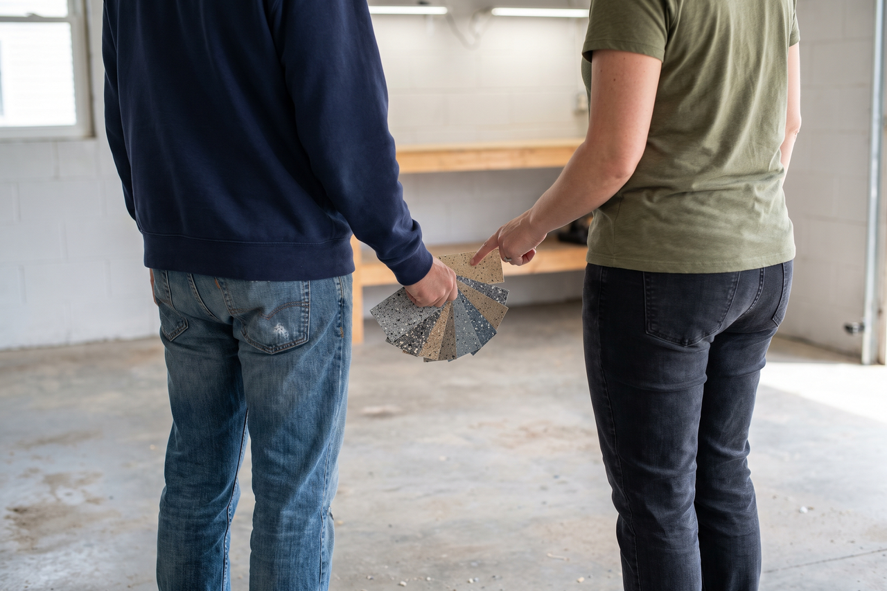 Two people seen from behind comparing a fan of flake color sample chips over a bare garage floor