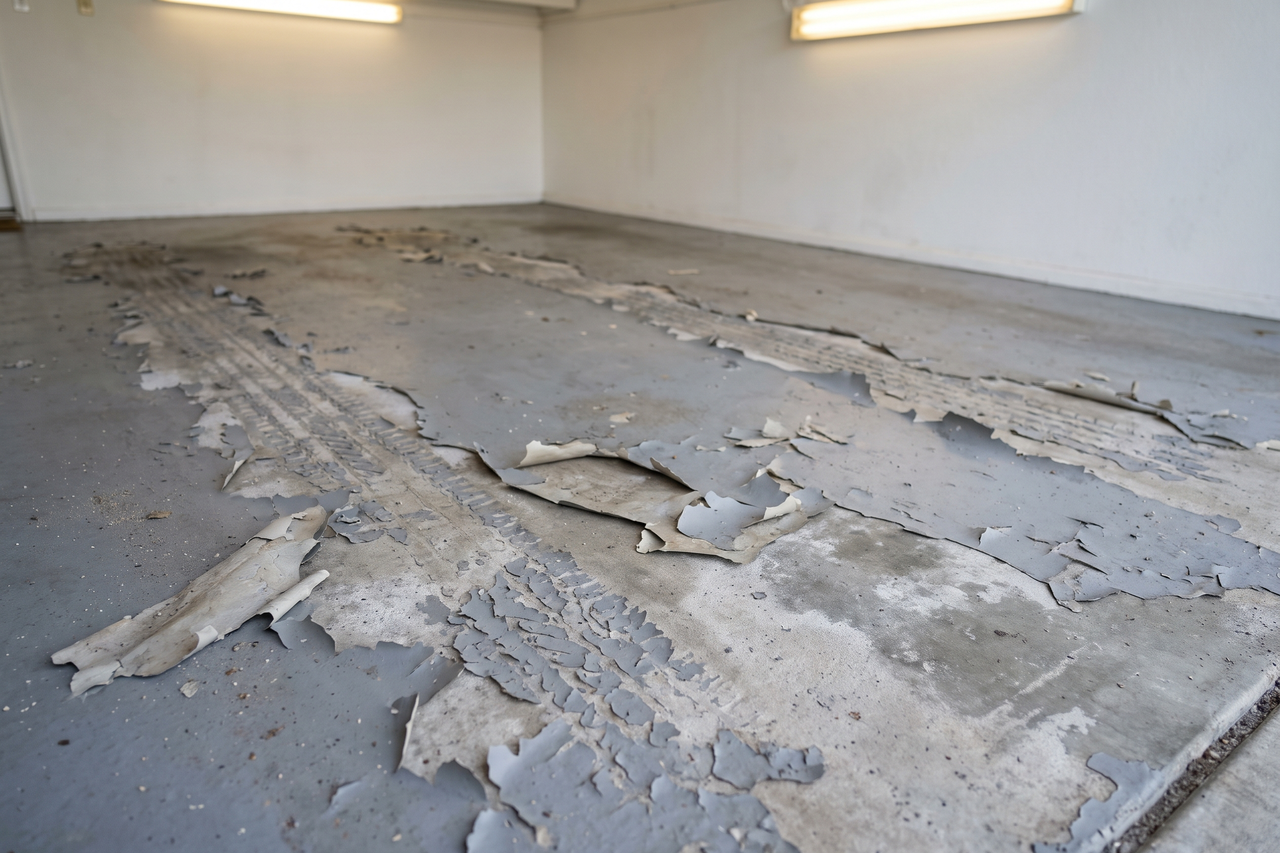 Garage floor paint peeling along hot-tire tracks, with lifted sheets of paint and gray concrete showing underneath