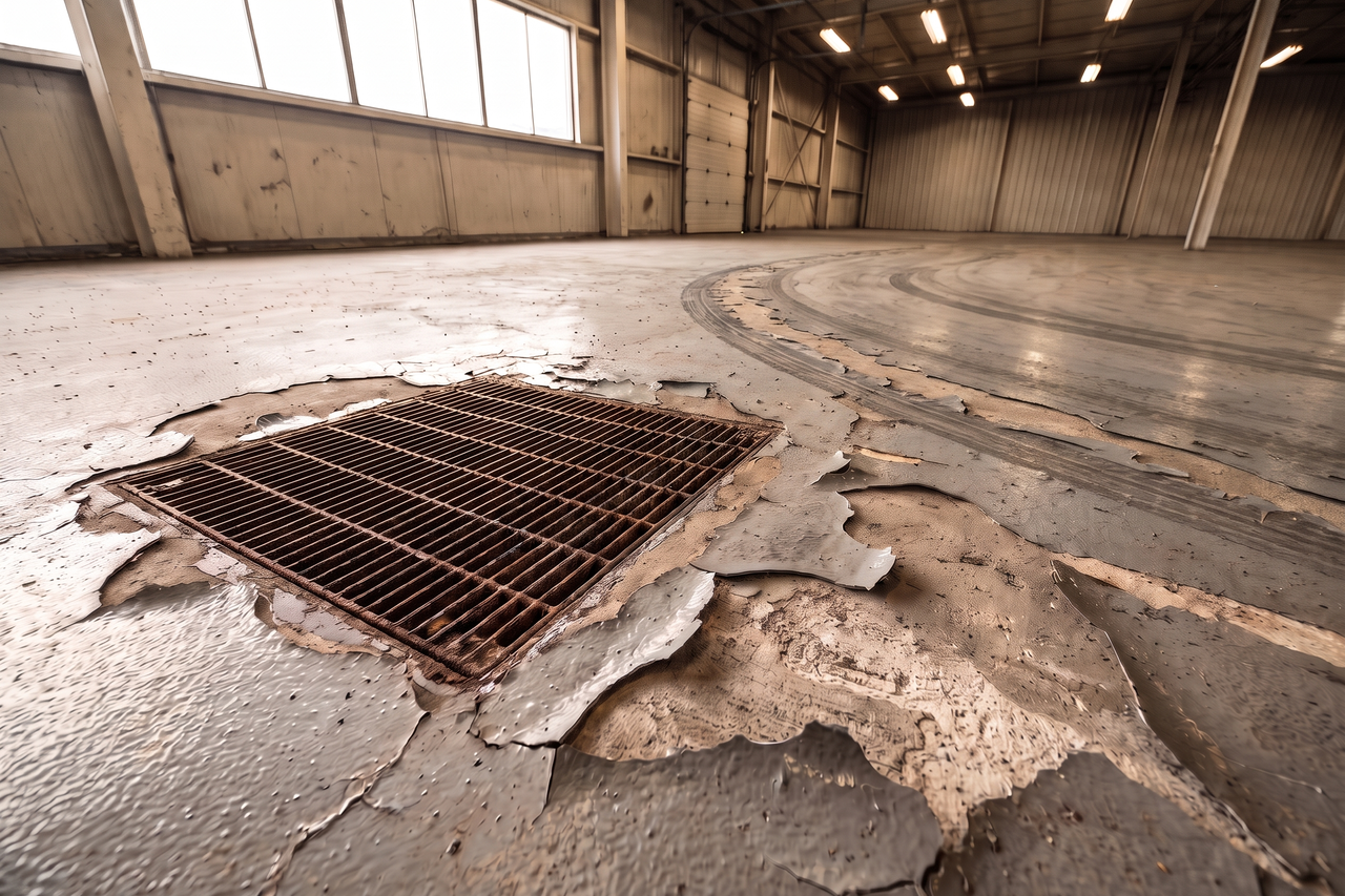 Industrial floor coating chipped and delaminated around a floor drain and along a turning area, exposing bare concrete