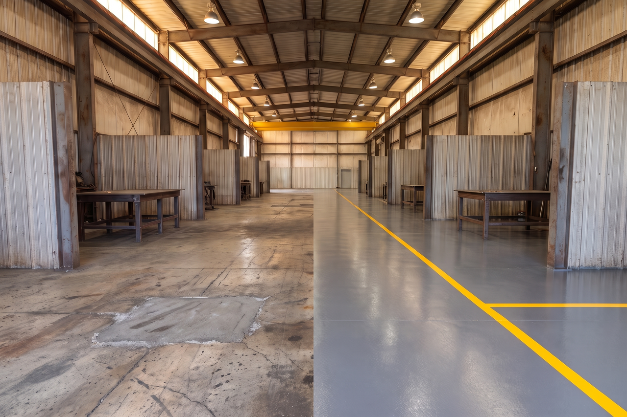 Illustrative before-and-after example of a fabrication bay with stained, patched concrete on one side and a seamless gray coating with yellow safety lines on the other