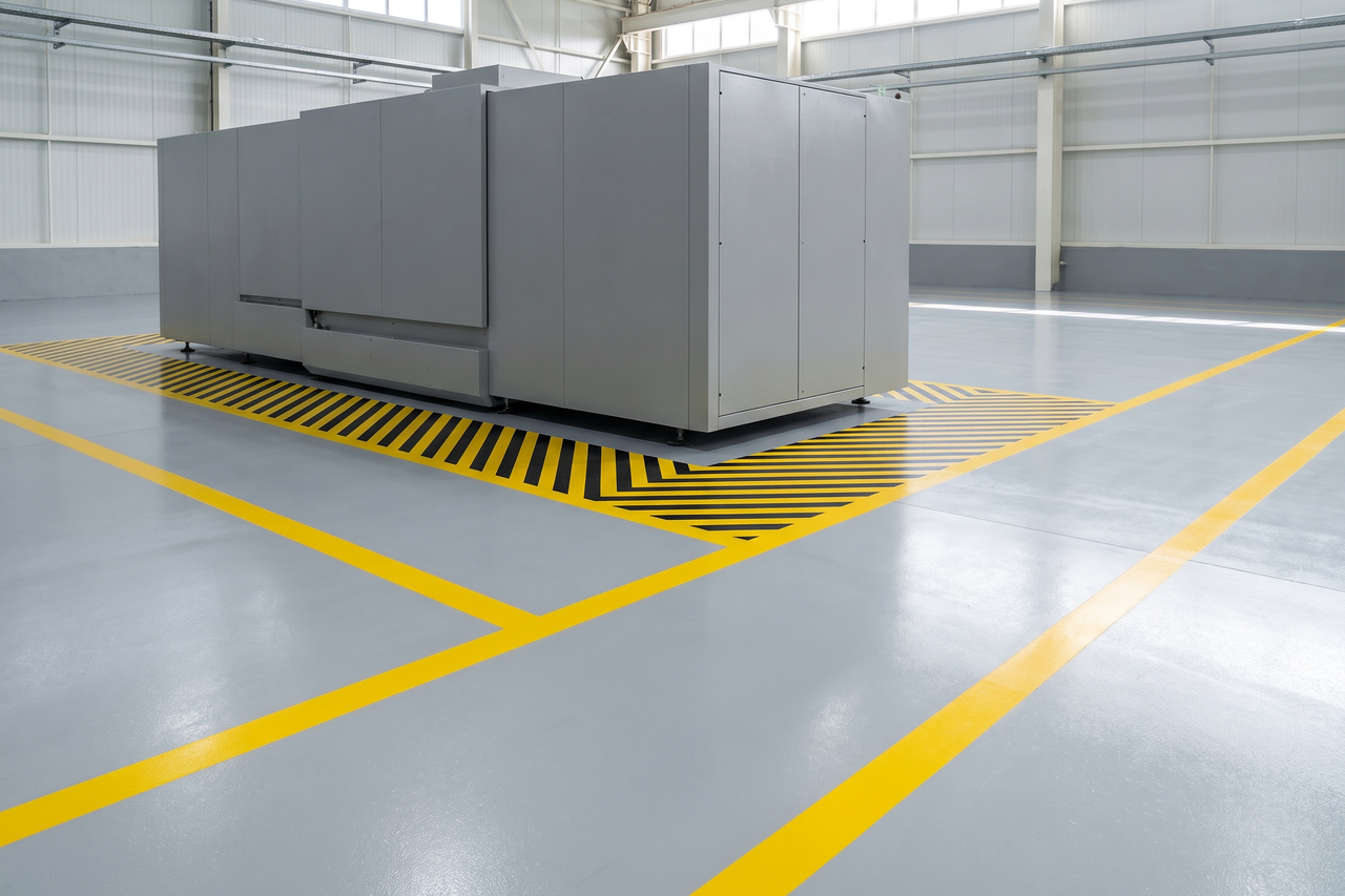 Light gray coated production floor with yellow walkway lines and a hatched yellow-and-black zone around a machine footprint