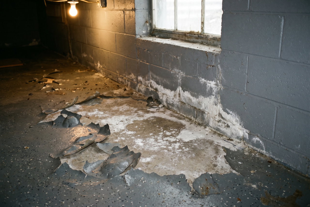 Basement floor coating blistering and flaking near a block wall, with white efflorescence on the exposed concrete