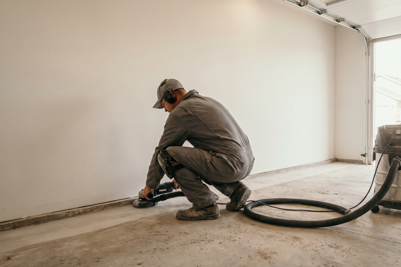 Worker seen from behind running a hand-held edge grinder with a dust shroud along the base of a garage wall