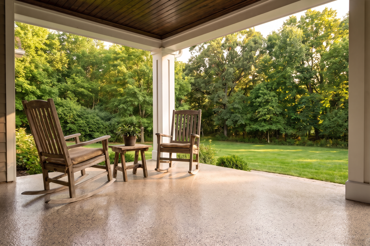 Covered patio with a speckled tan and gray flake coating and two wooden rocking chairs facing the trees