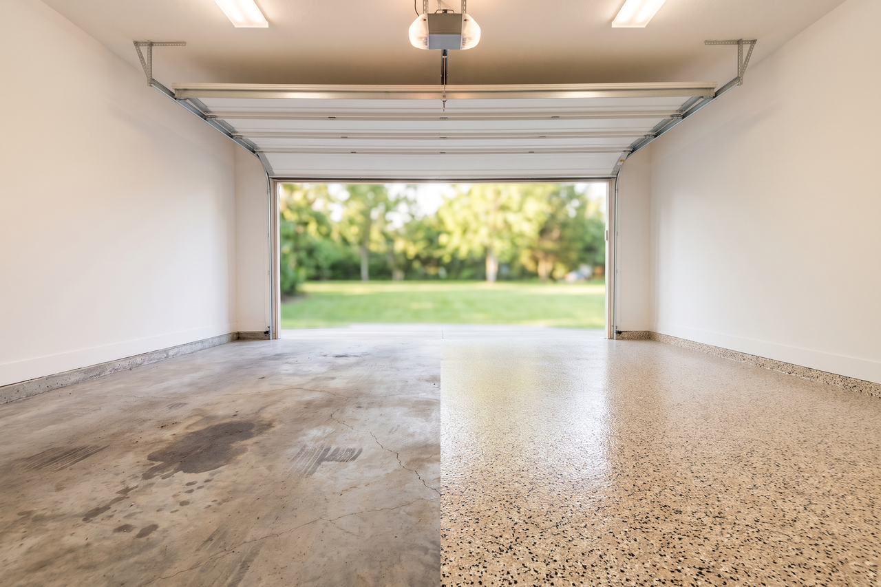 Illustrative before-and-after example of a bright garage with faded, stained concrete on one side and a glossy cream, brown and black flake coating on the other