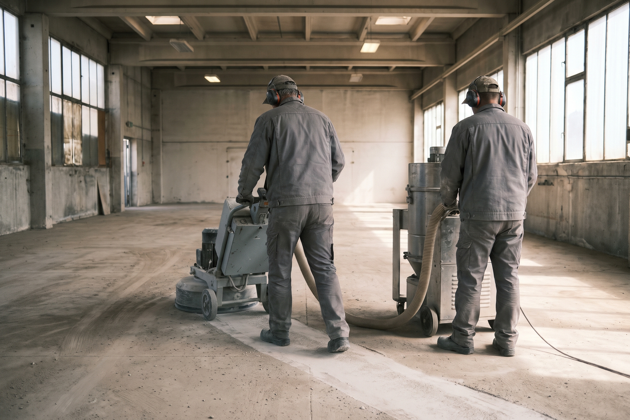 Two workers seen from behind in an empty commercial bay, one running a large floor grinder and one operating a dust extractor