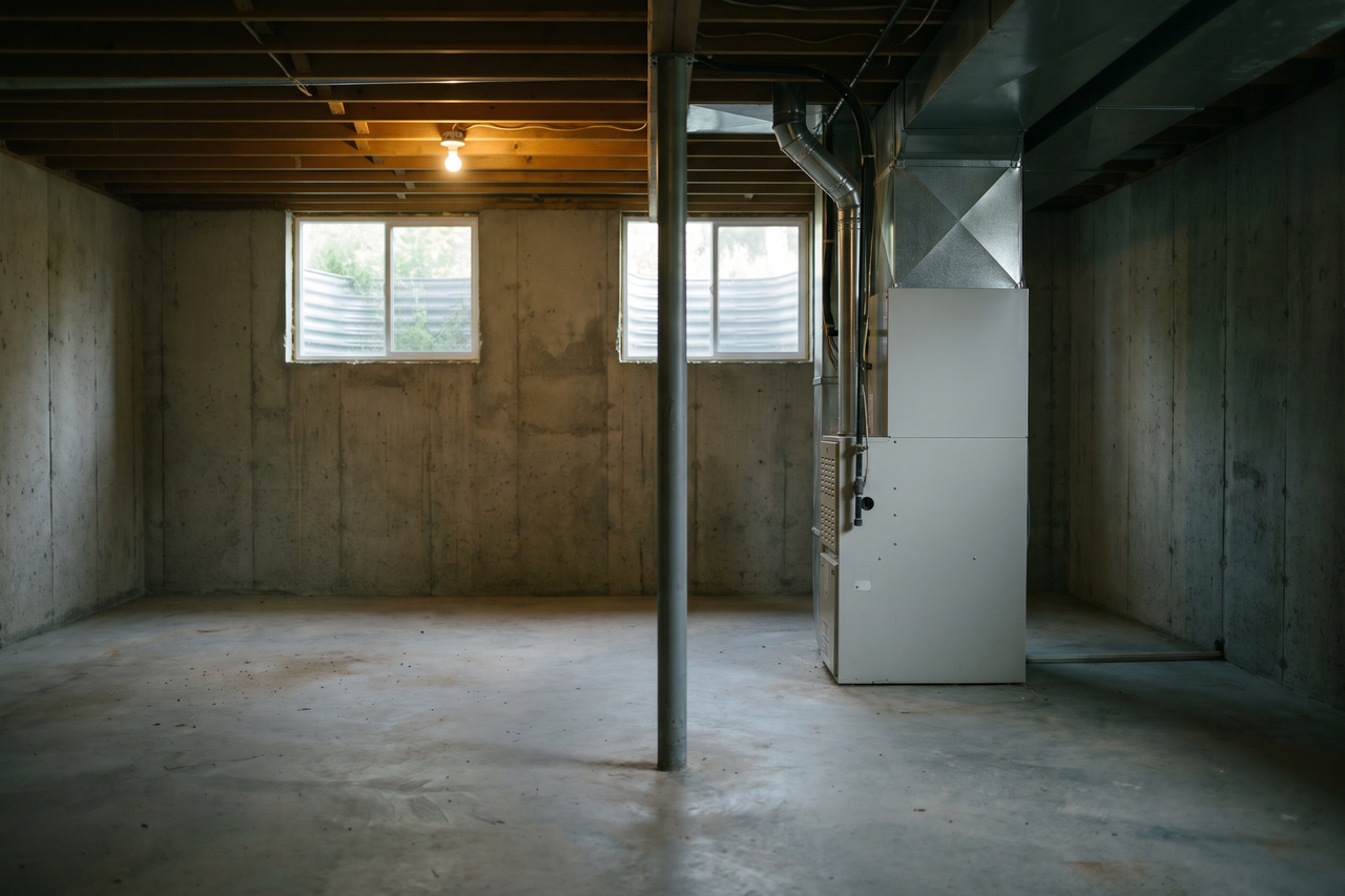 Unfinished basement with a bare concrete slab, a steel support post, a furnace with ductwork and small high window wells