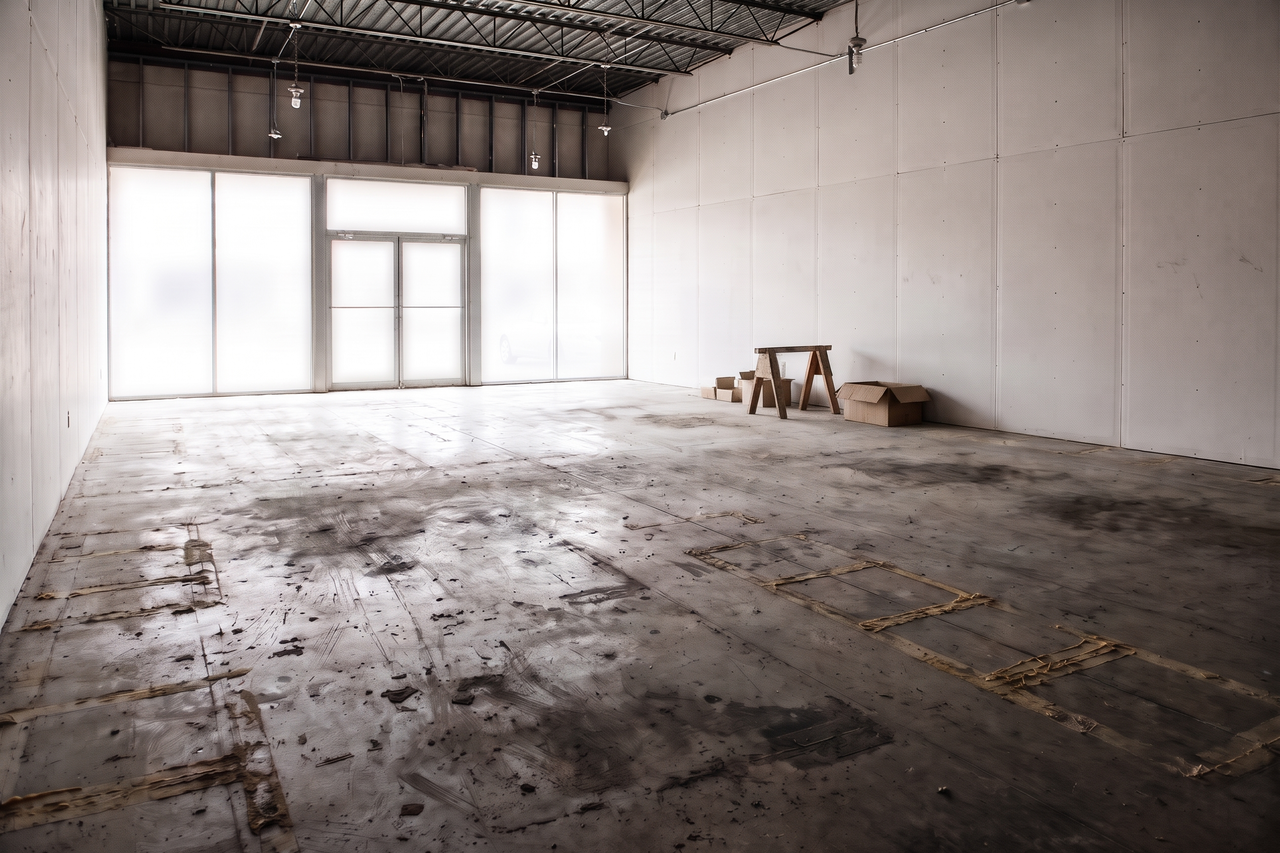 Empty retail space with scuffed, worn concrete and old adhesive marks where previous flooring was removed