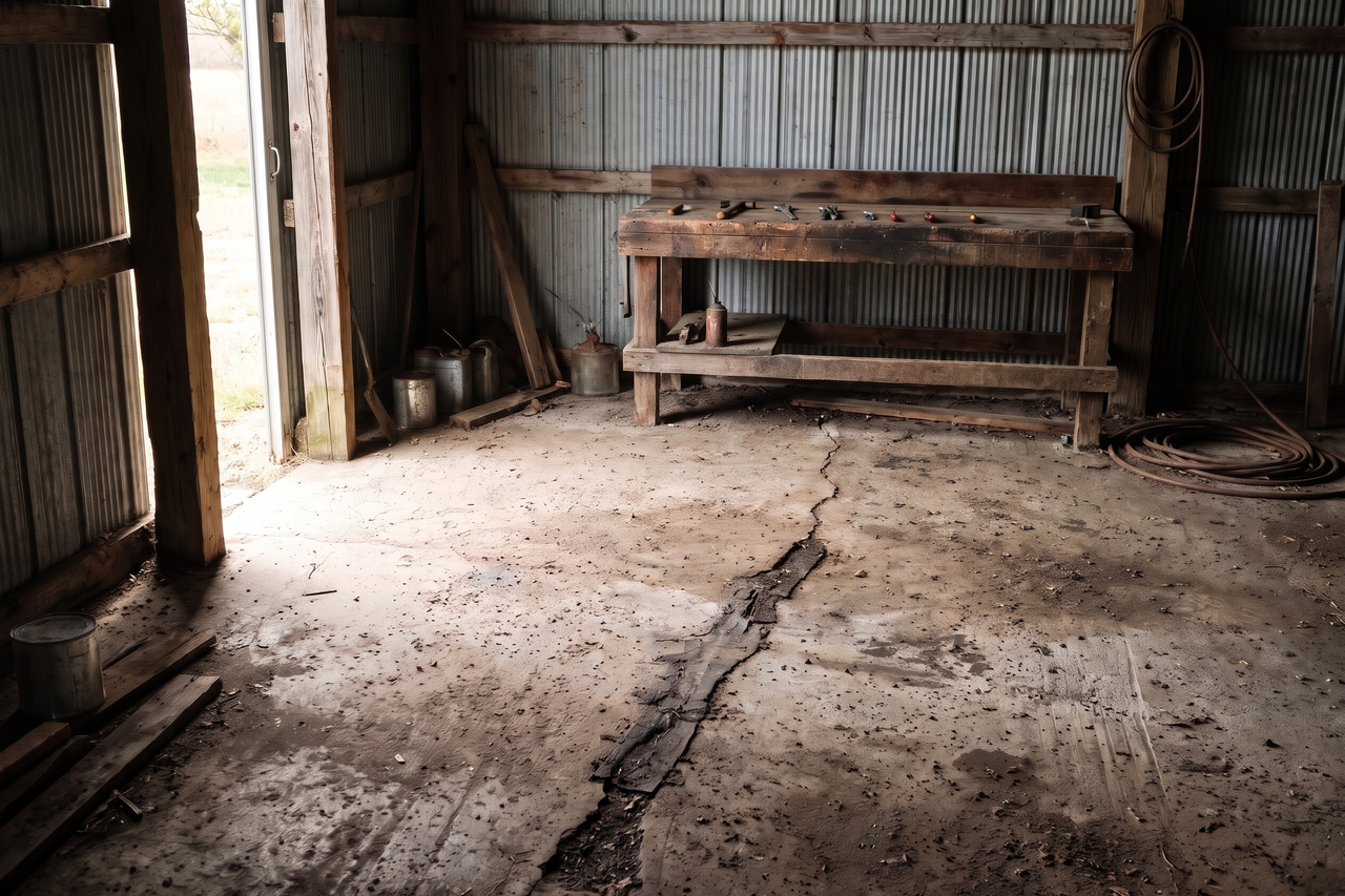 Pitted, dusty concrete floor with a patched crack beside a wooden workbench in a detached workshop