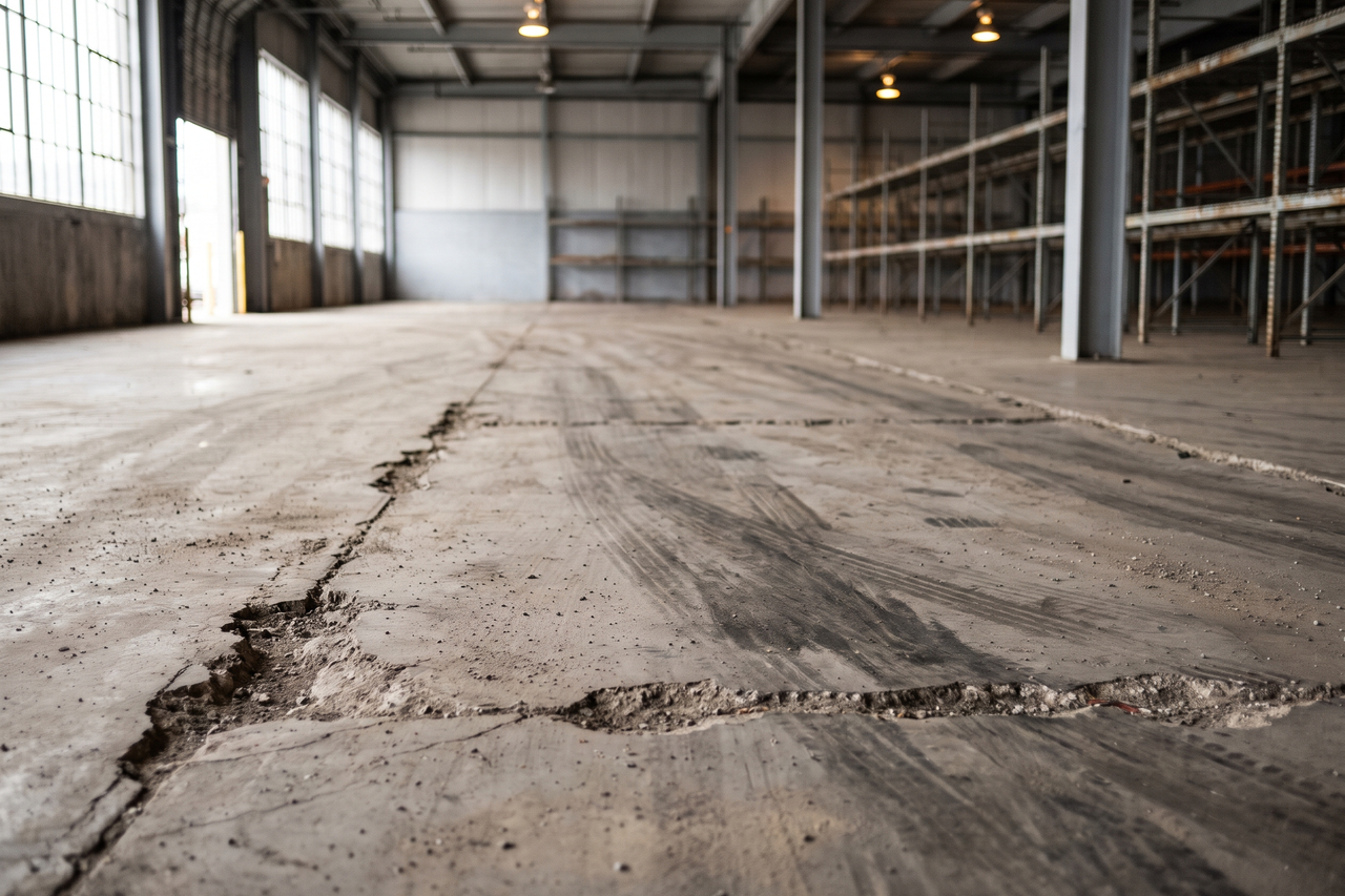 Warehouse floor with chipped joint edges, dark tire scuffs and grit along a loading lane